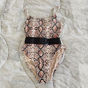 Aqua Snake Print High Cut One Piece Swimsuit with Black Belt